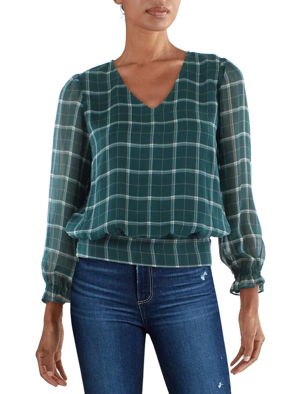 Womens Plaid Smocked Blouse