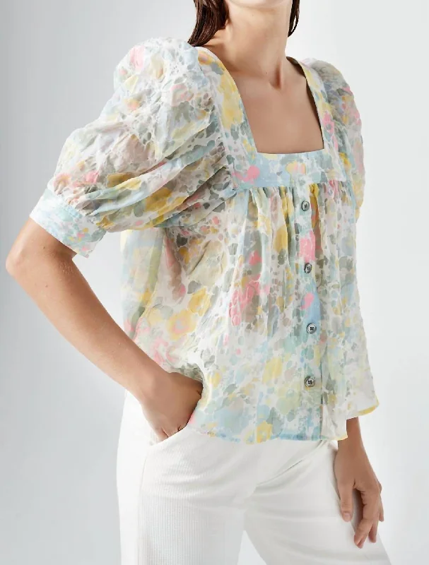 Button Front Square Neck Blouse In Pastel Floral