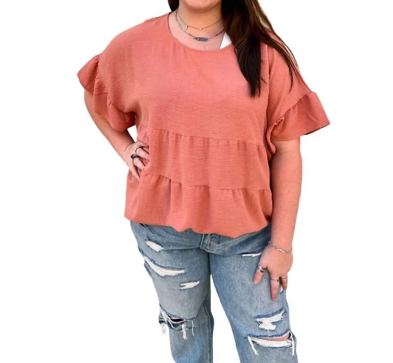 Erin Lightweight Textured Tried Ruffle Blouse In Coral