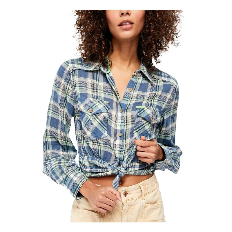 Free People Women's Knit Plaid Tie Hem Blouse Blue Size Medium