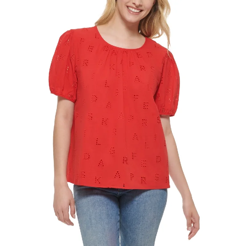 Karl Lagerfeld Paris Women's Logo Eyelet Blouse Red Size Medium