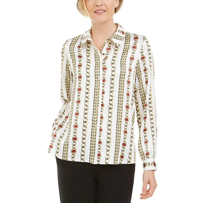 Kasper Women's Chain Print Collared Button Up Blouse White Size 6P