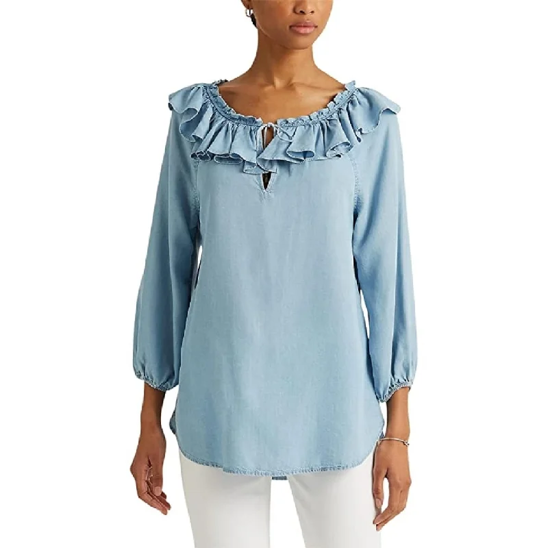 Ralph Lauren Women's Ruffle Trim Blouse Blue Size Medium