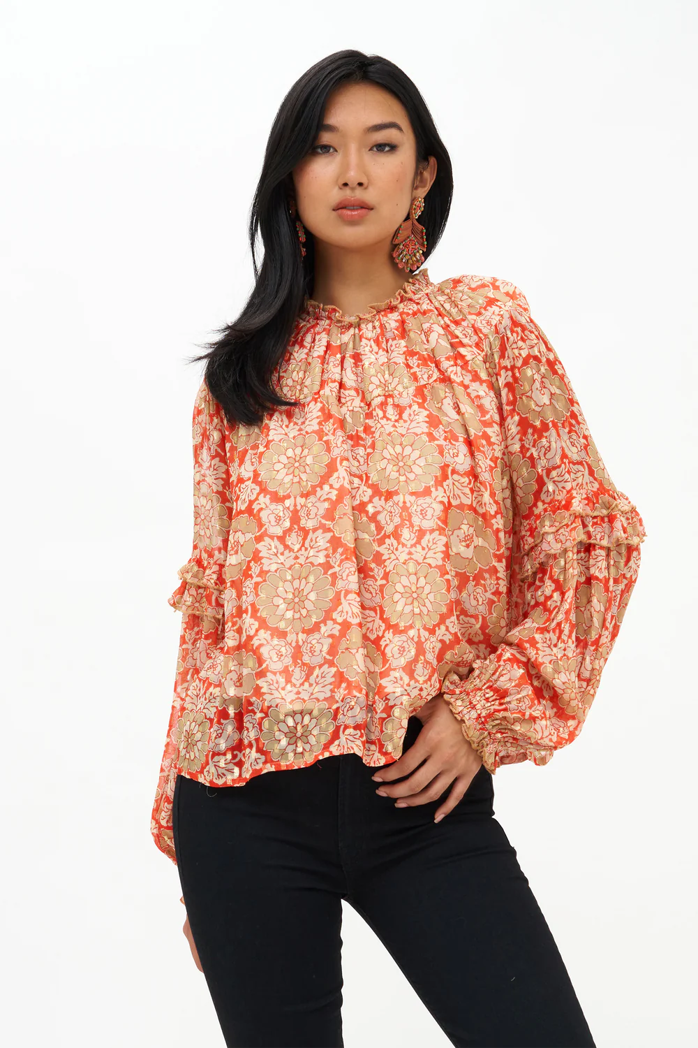 Ruffle Sleeve Blouse - Red Hamden