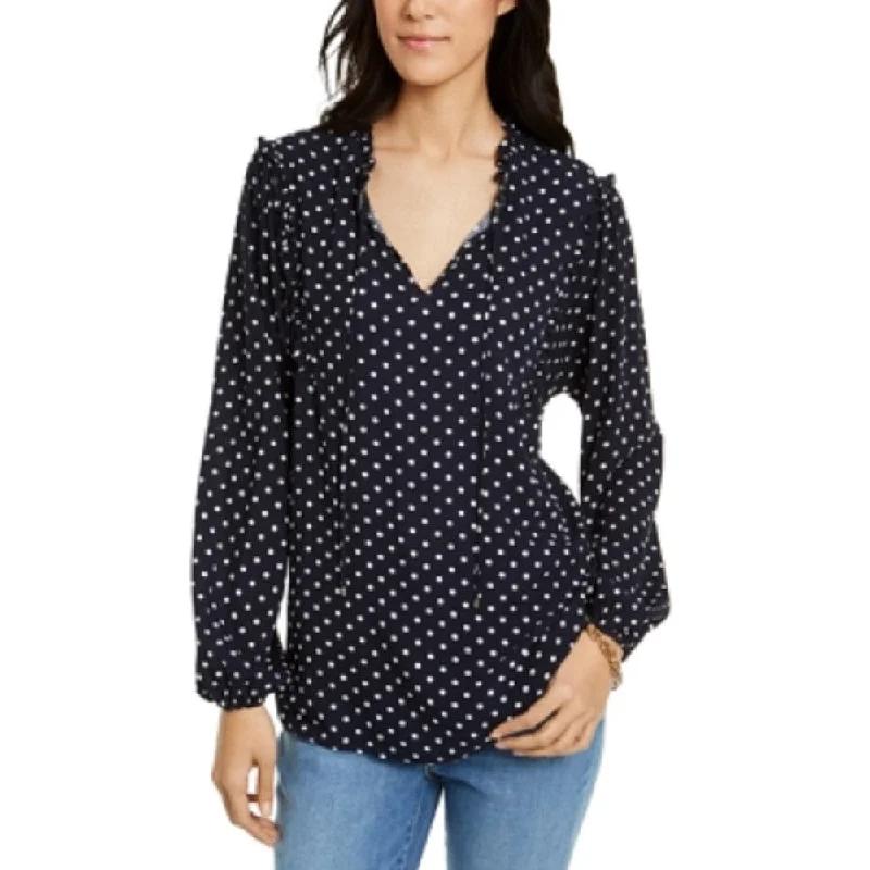 Tommy Hilfiger Women's Printed Ruffled Neck Blouse Navy Size X-Small