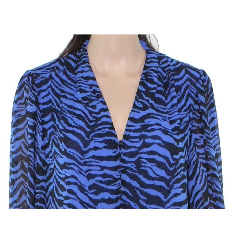 Vince Camuto Women's Animal Impression Smock Sleeve Blouse Blue Size Medium