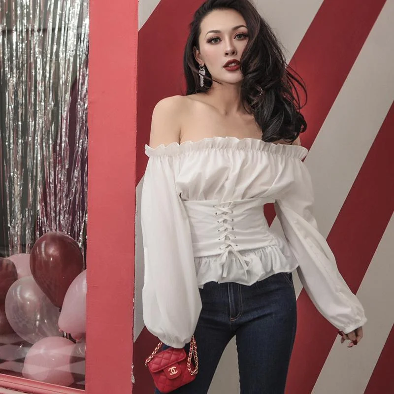 Women Blouse Off Shoulder Ruffles Blouse Ruched Lace Up Sash Blouse