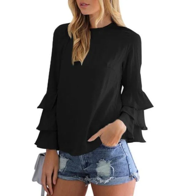 Women Blouses Ruffles O-Neck Blouse