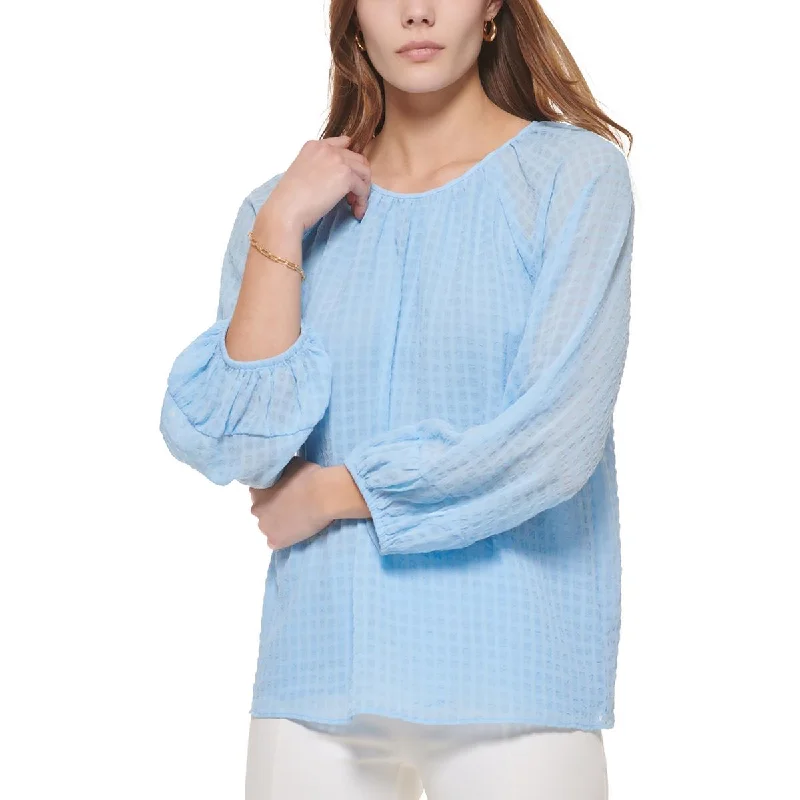 Womens Check Print Puff Sleeve Blouse