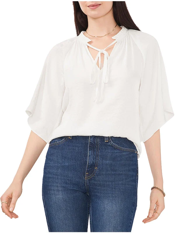 Womens Sheer Ruffle Split Neck Blouse