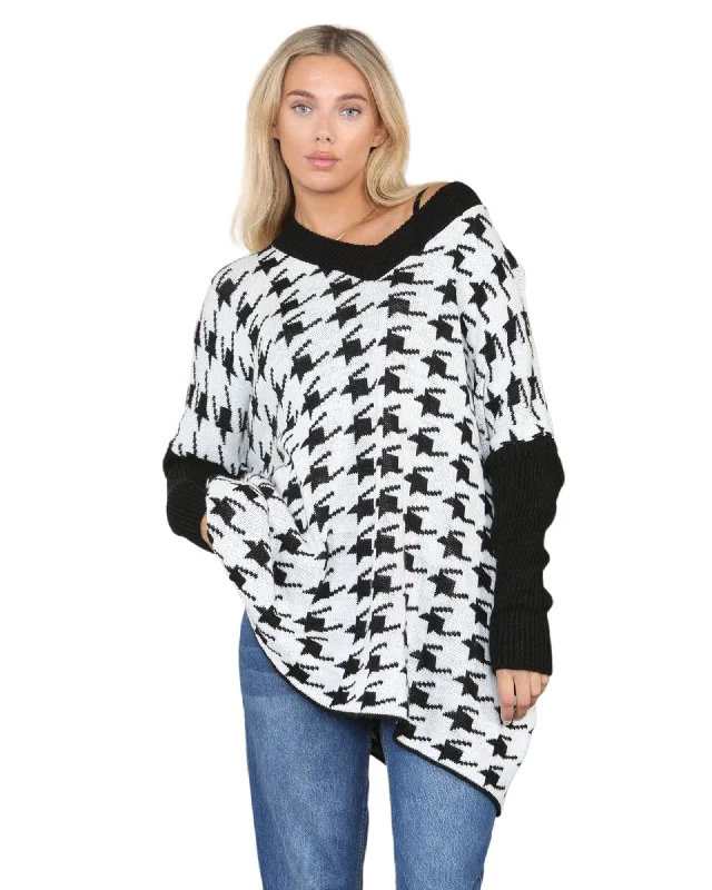 Dog Tooth Print High Neck Knitted Jumper Top