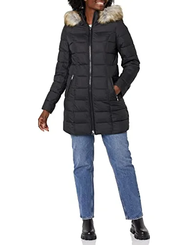 LAUNDRY BY SHELLI SEGAL Women's Stretch 3/4 Puffer Jacket with Faux Fur Striped Hood S