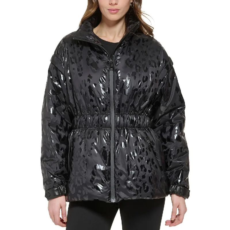 Womens Stand Collar Animal Print Puffer Jacket