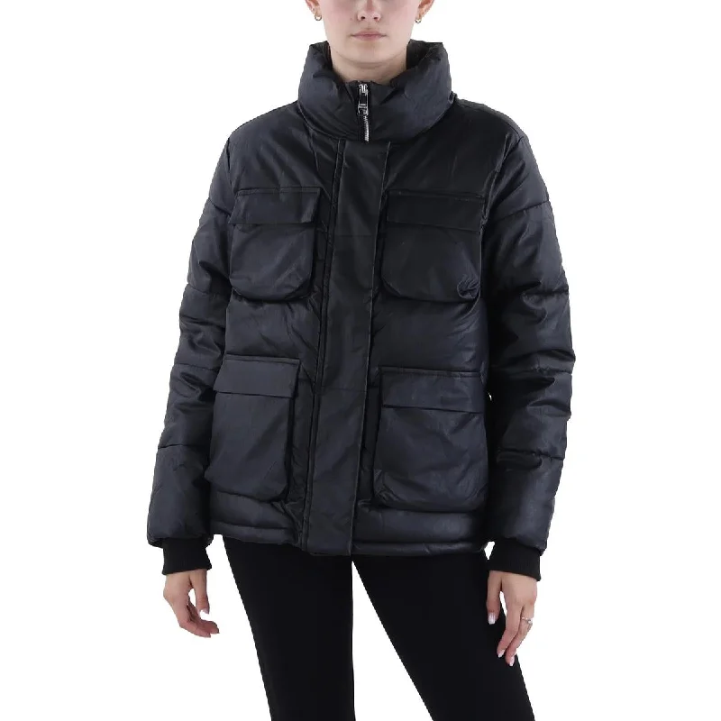 Womens Faux Leather Cold Weather Puffer Jacket