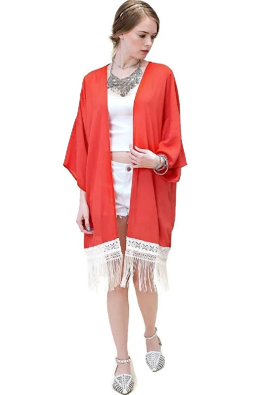 Bohemian Crochet & Fringe Kimono Jacket, Rust