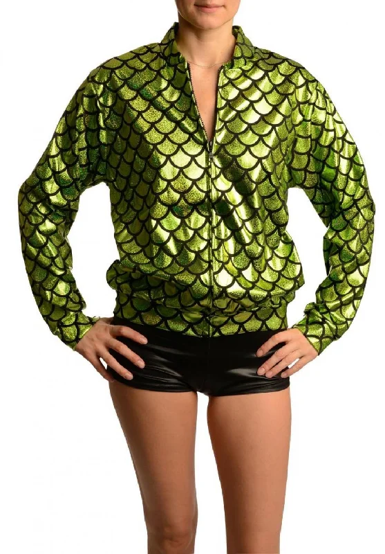 Green Shiny Gloss Mermaid Scales Unisex Zip Disco Jacket