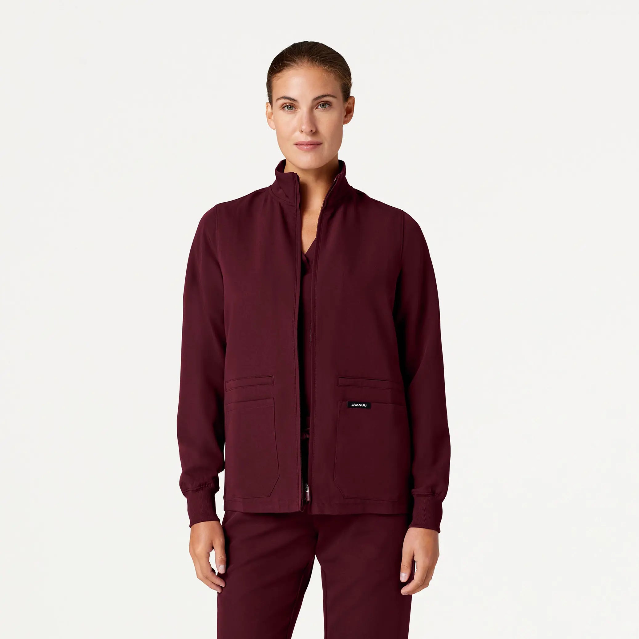 Jaanuu Women's Ceri Essential 6-Pocket Scrub Jacket - Burgundy