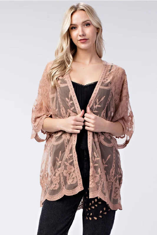 Milan Embroidered Lace Kimono, Mocha