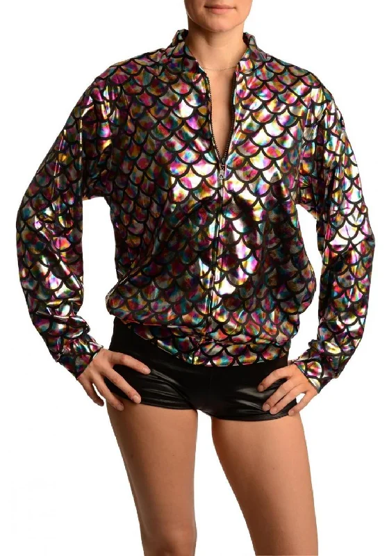 Silver Rainbow Shiny Mermaid Scales Unisex Zip Disco Jacket