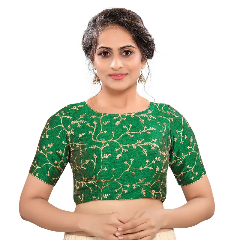 Graceful Green High Neck Designer Indian Traditional Elbow Sleeves Saree Blouse Choli (CO-668-Green)