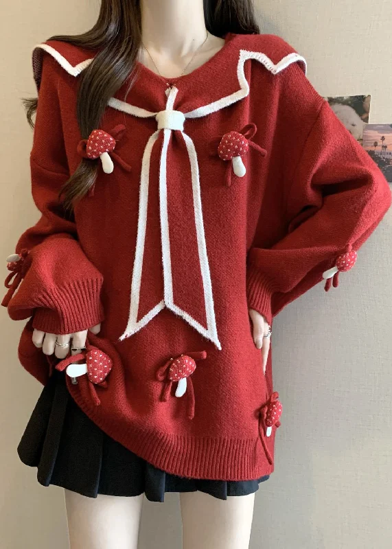 Chic Red Sailor Collar Thick Knit Sweaters Winter