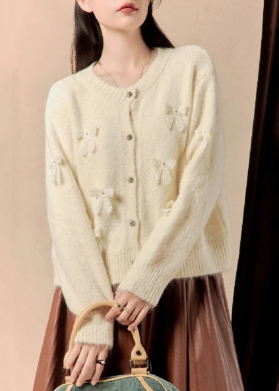 Elegant White Button Bow Patchwork Cotton Knit Sweaters Winter