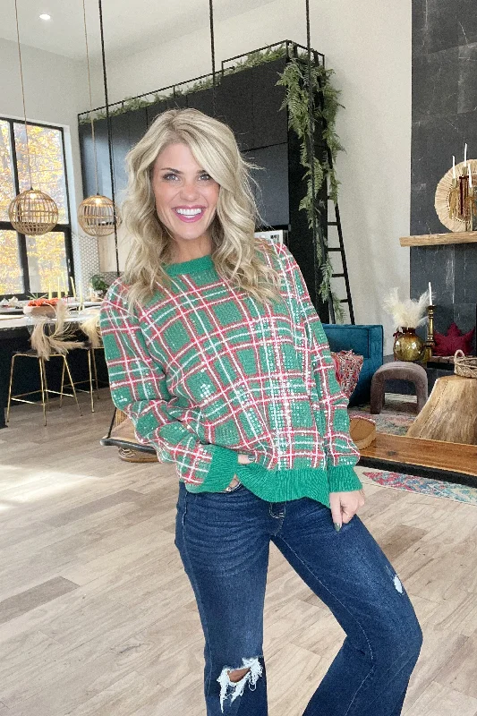 Green Sequin Plaid Sweater