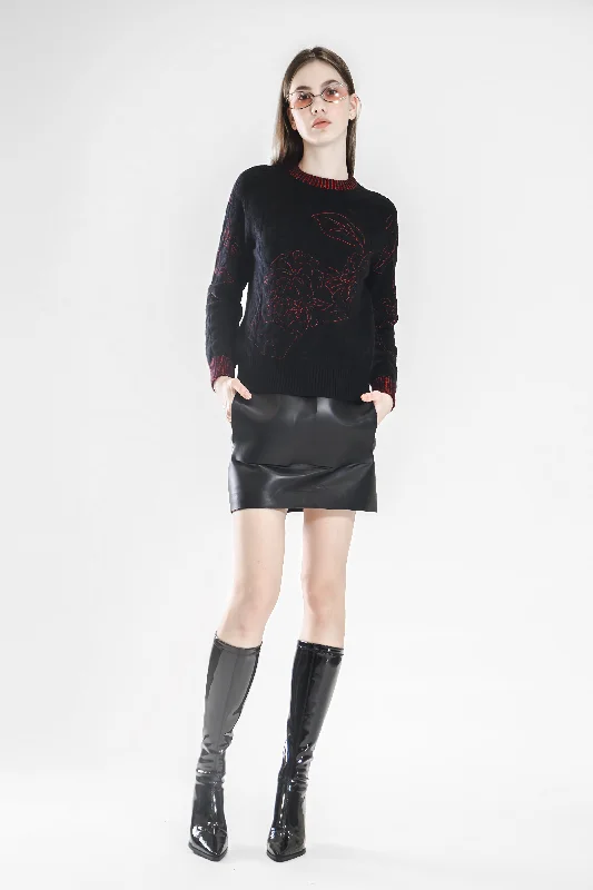 BLACK-RED FLORAL EMBOSSED SWEATER