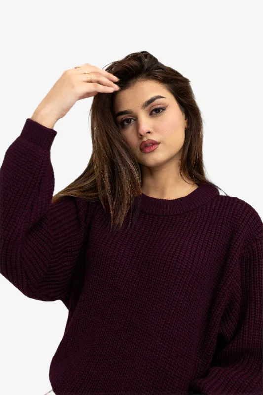 Loose-Knit High Neck Jumper in Plum