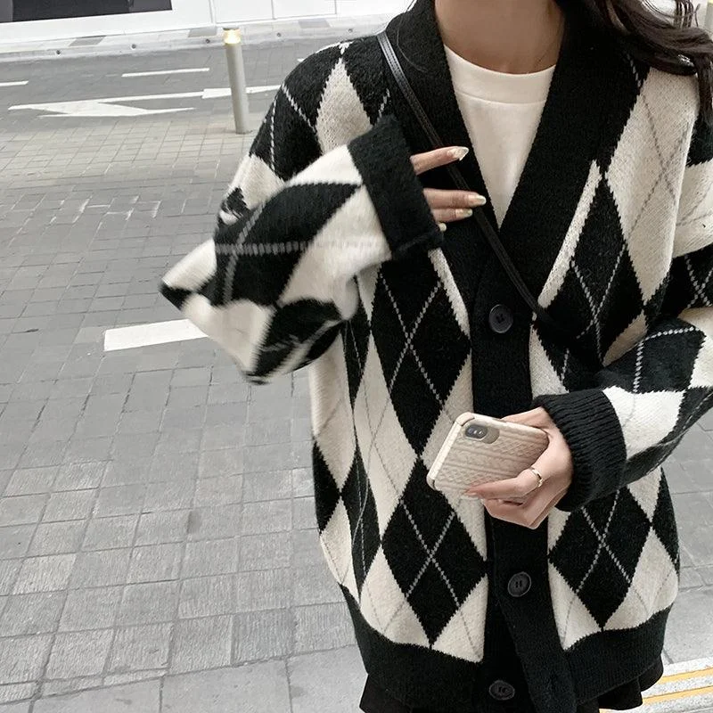 Retro Lazy Loose Rhombus Mid-Length Jacket