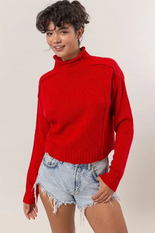 High Neck Reverse Seam Sweater - Red