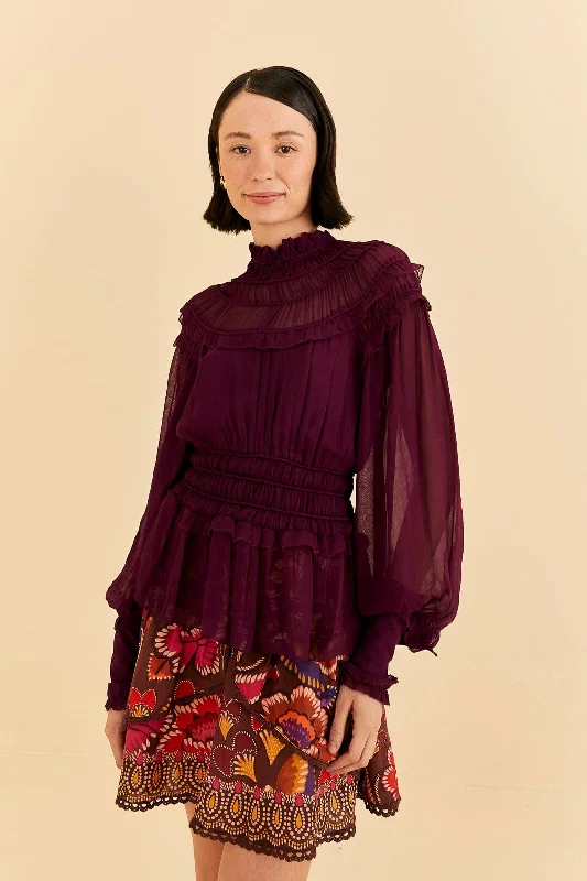 Burgundy Ruffle High Neck Blouse