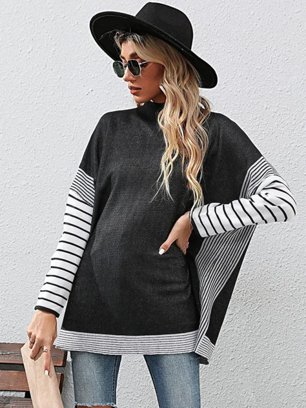 Autumn Patchwork Stripe Loose High Neck Sweater Top