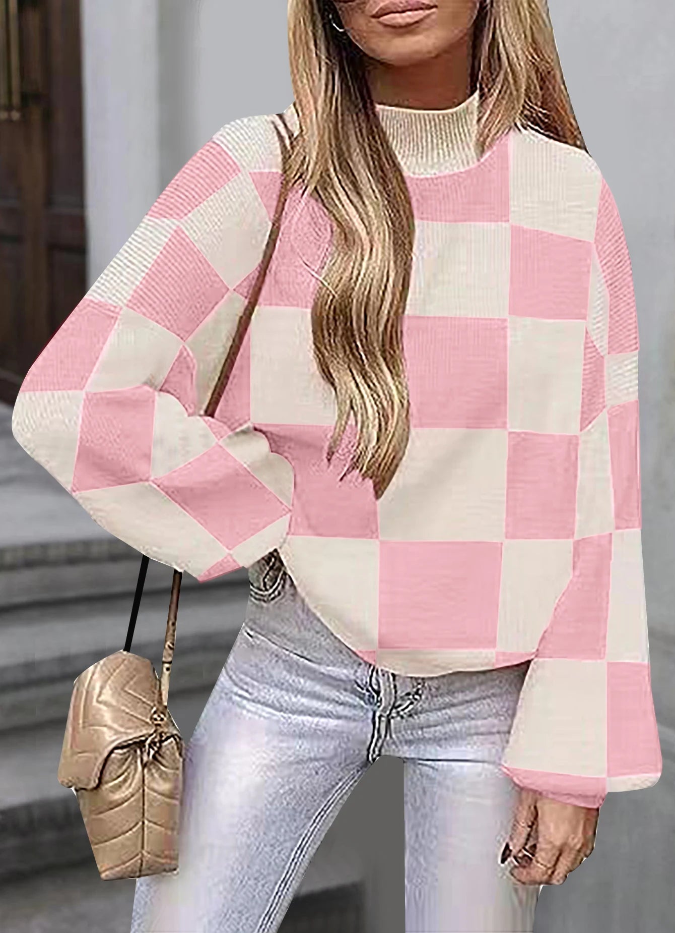 Checkered High Neck Sweater Pink and Cream Jumper