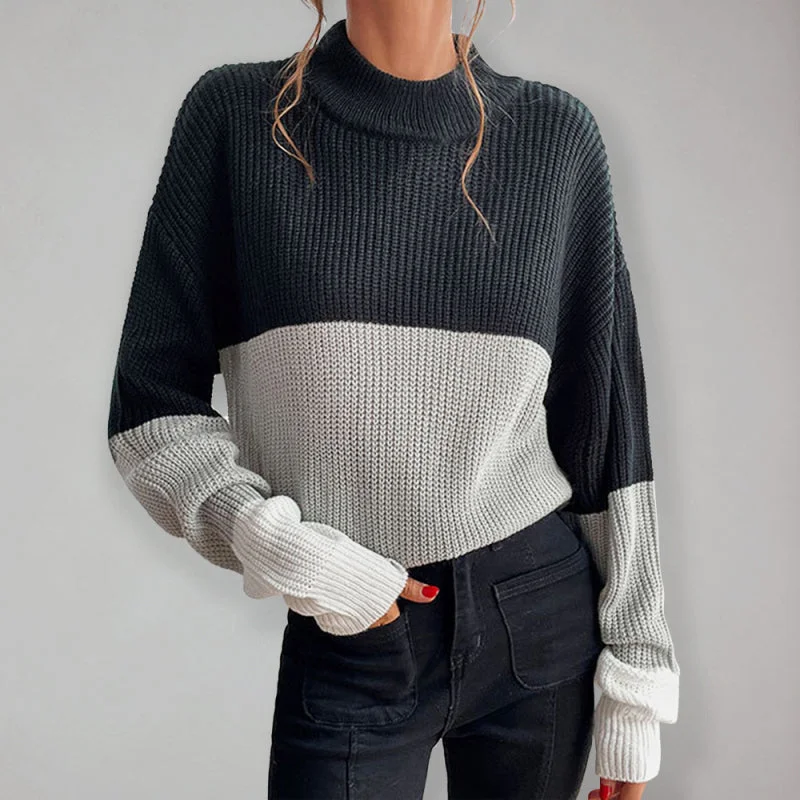 Classy Color Block Sweater: High Neck Knitwear