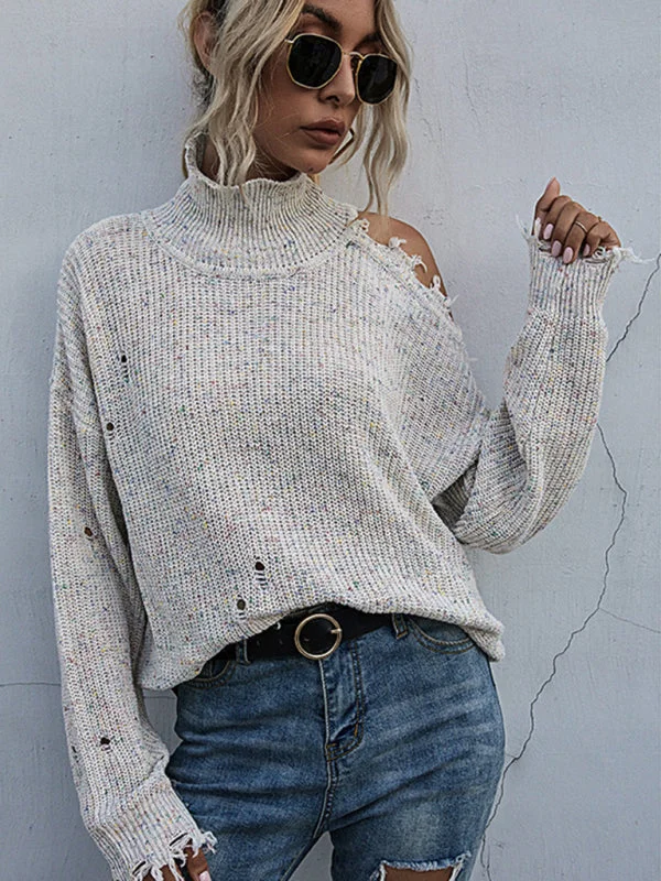 Distressed Knit Cold Shoulder High Neck Sweater