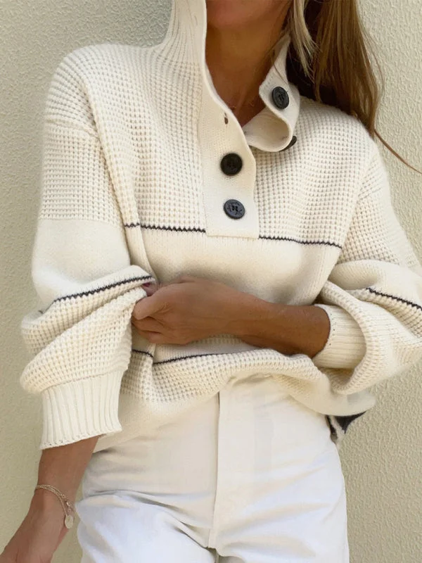 Fancy Button-Up High Neck Stripe Waffle Knit Sweater